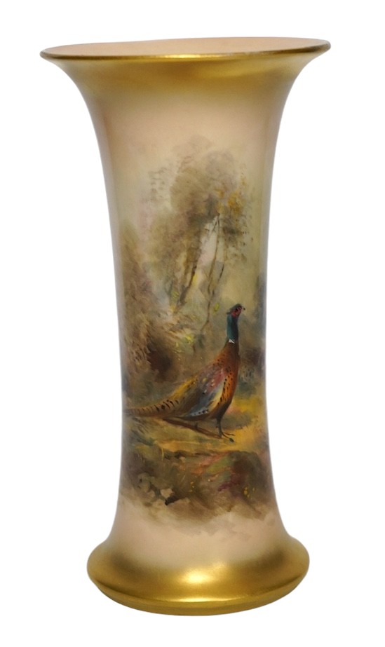 James Stinton for Royal Worcester, a porcelain vase with hand painted scene depicting pheasant in woodland landscape, shape G 923, 19.5cm. Condition - good